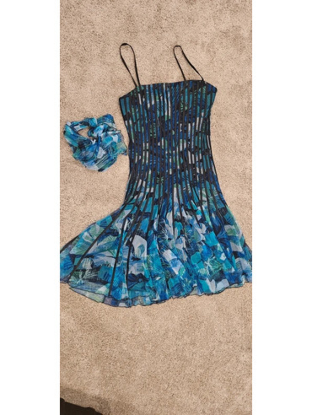 JS Collections Blue Teal Mesh Formal Maxi Dress With Matching Scarf